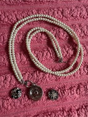 Long Pearl Necklace with Silver Interchangeable Charms